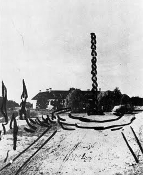 În iulie 1937, Brâncuși reține pe peliculă mai multe imagini ale locului pe care urma să se înalțe Coloana fără Sfârșit, desenul aparține marelui sculptor